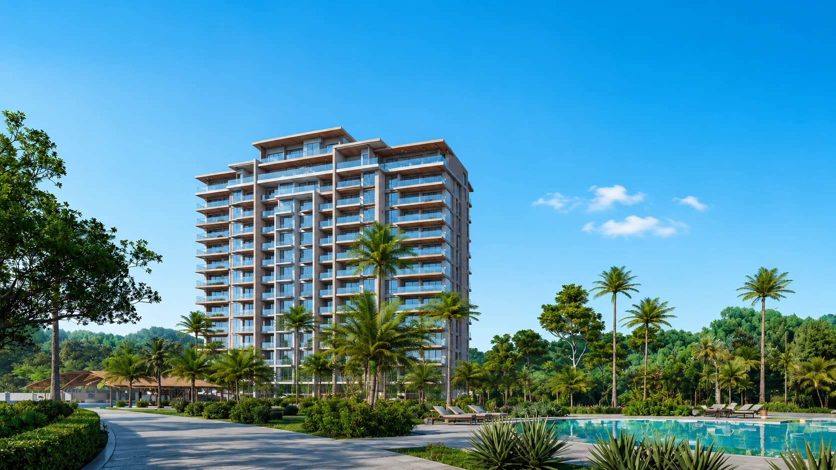 Exterior facade of the Arcadia Brasilito luxury residential complex, featuring modern architecture, spacious balconies, and tropical greenery