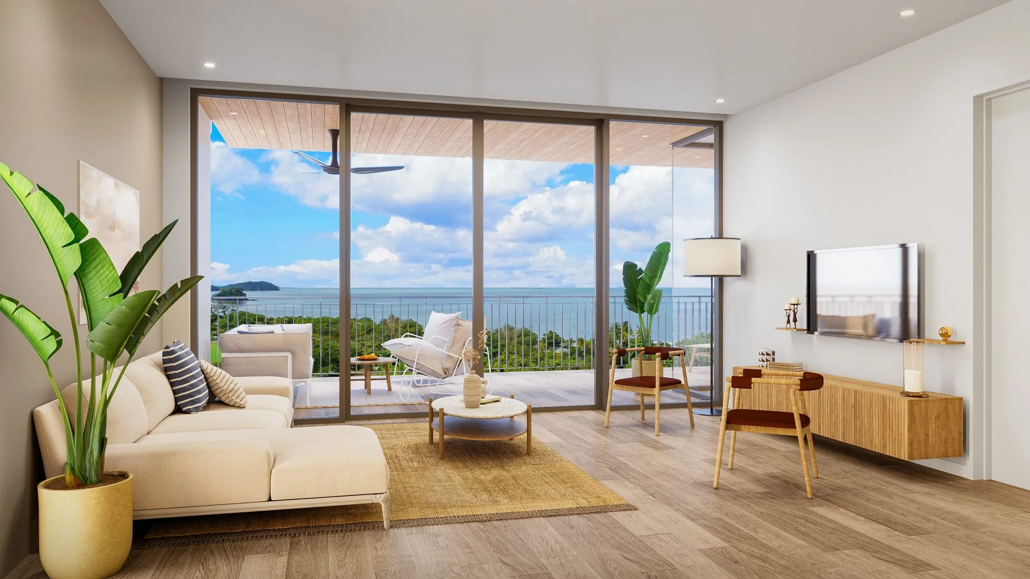 Sala con vista al océano en el Modelo de 3 Habitaciones de Arcadia Brasilito