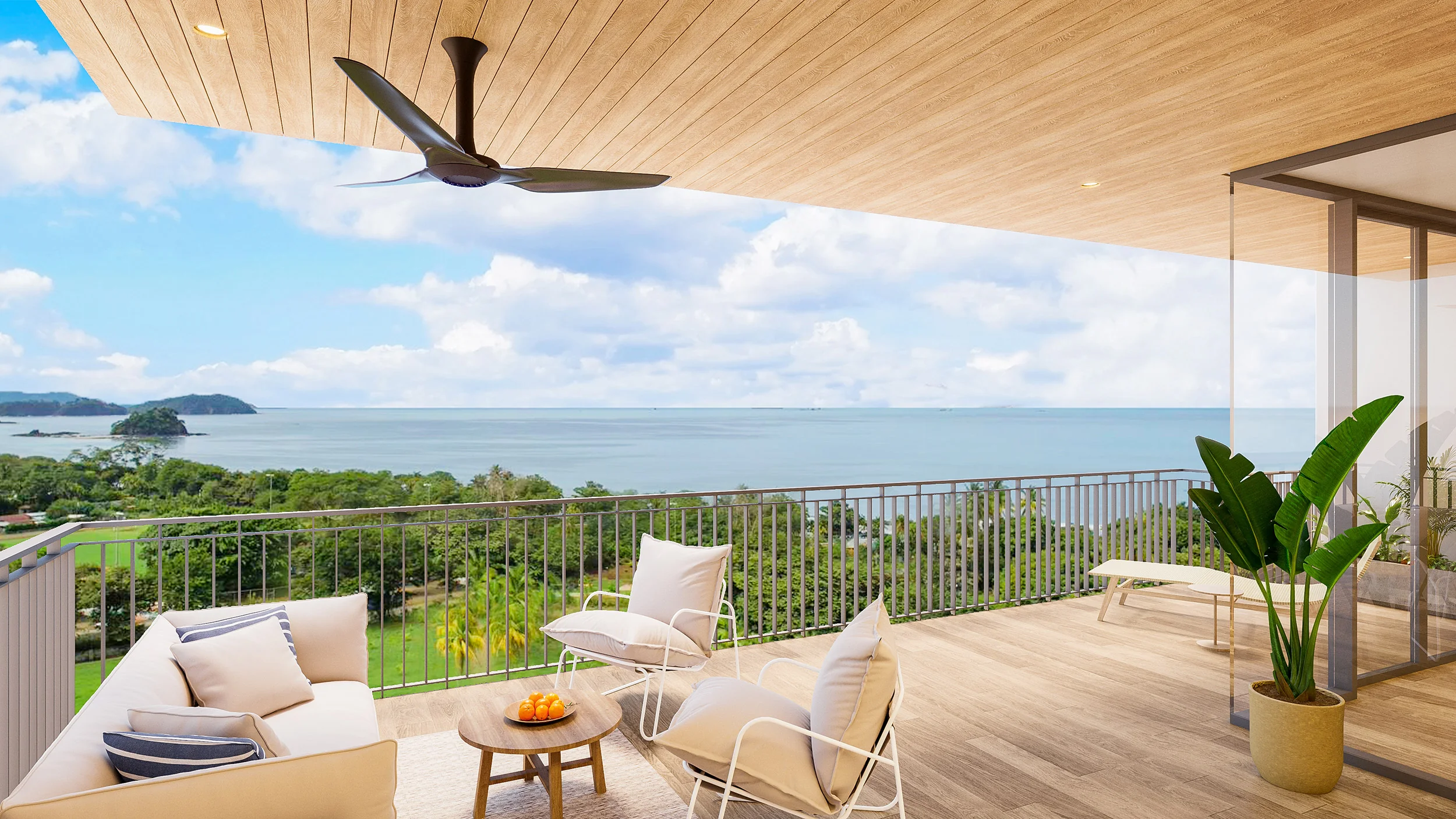 Render de balcón interior en Arcadia Brasilito Beach