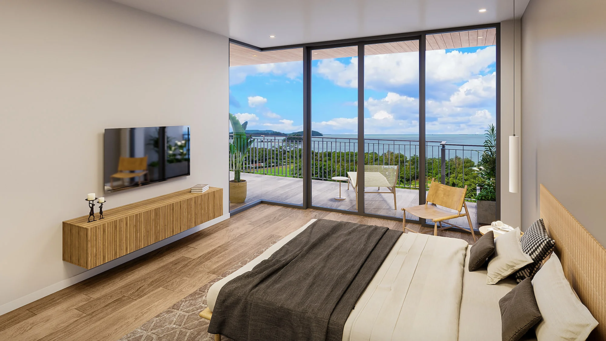 Render de dormitorio interior en Arcadia Brasilito Beach