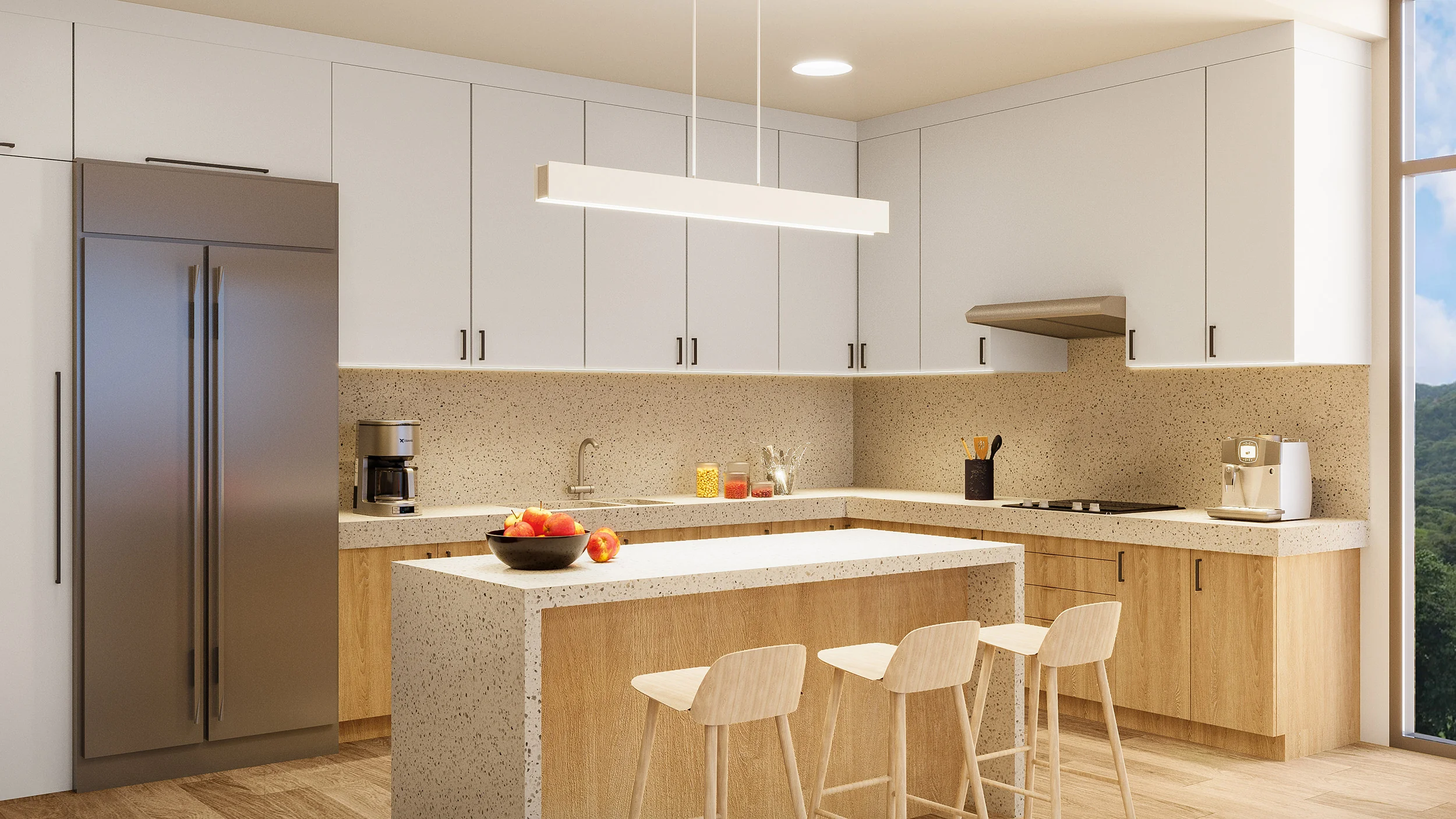 Render de cocina interior en Arcadia Brasilito Beach