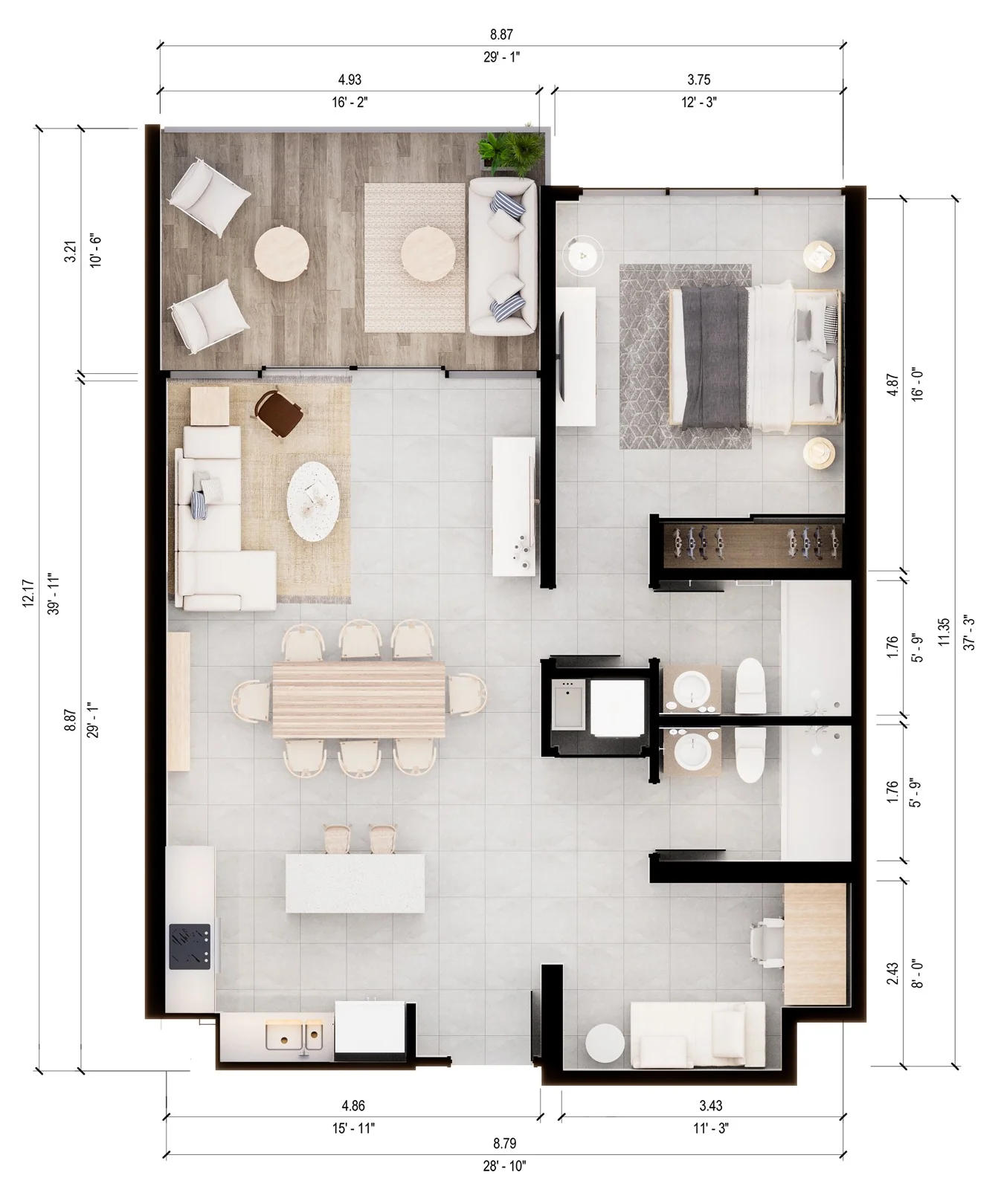 Plano de 1 Habitación con medidas
