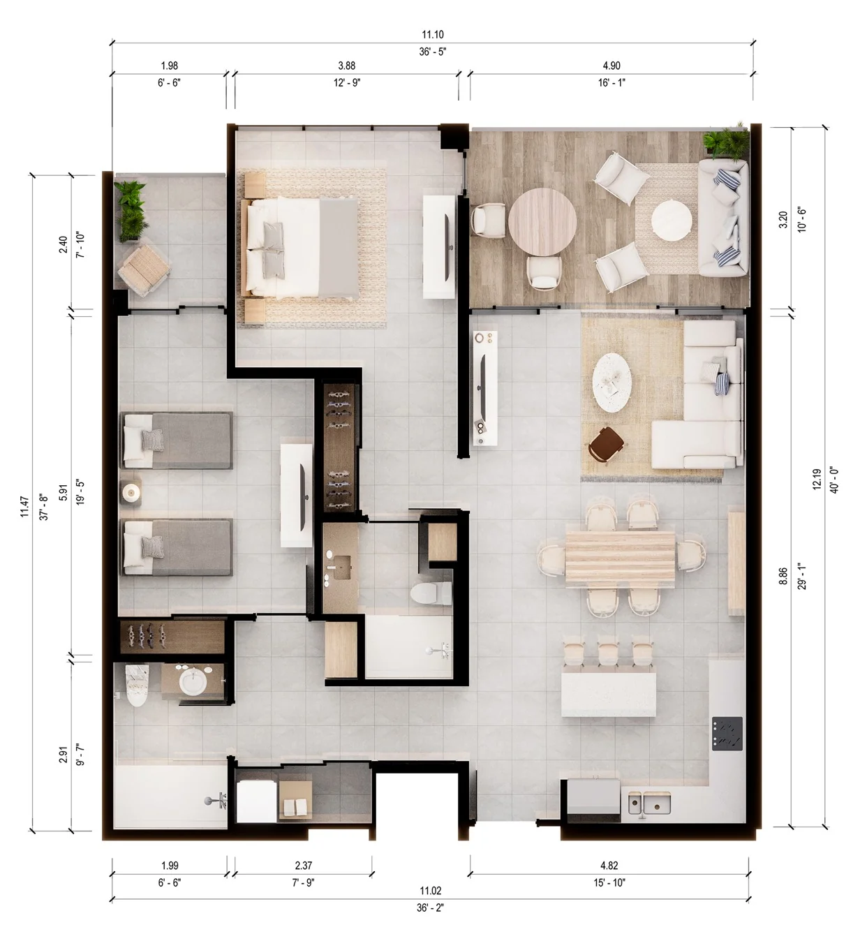 Plano de 2 Habitaciones con medidas