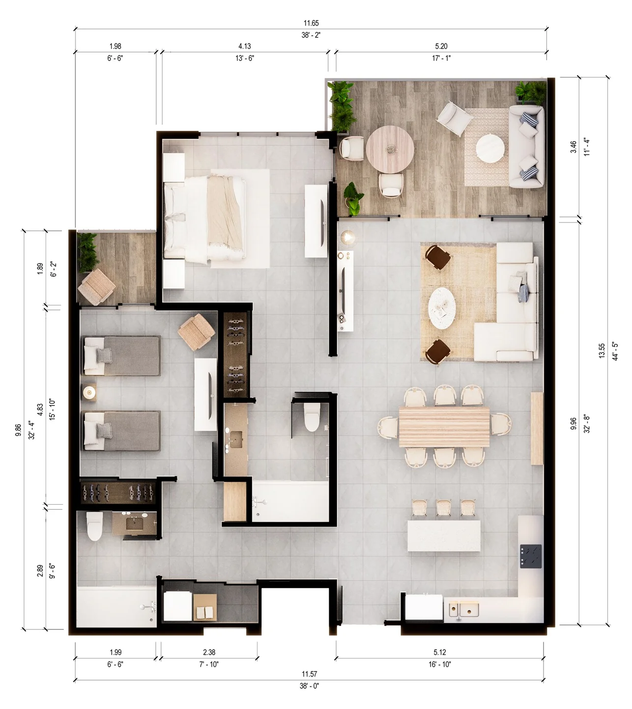 Plano de 2 Habitaciones con medidas