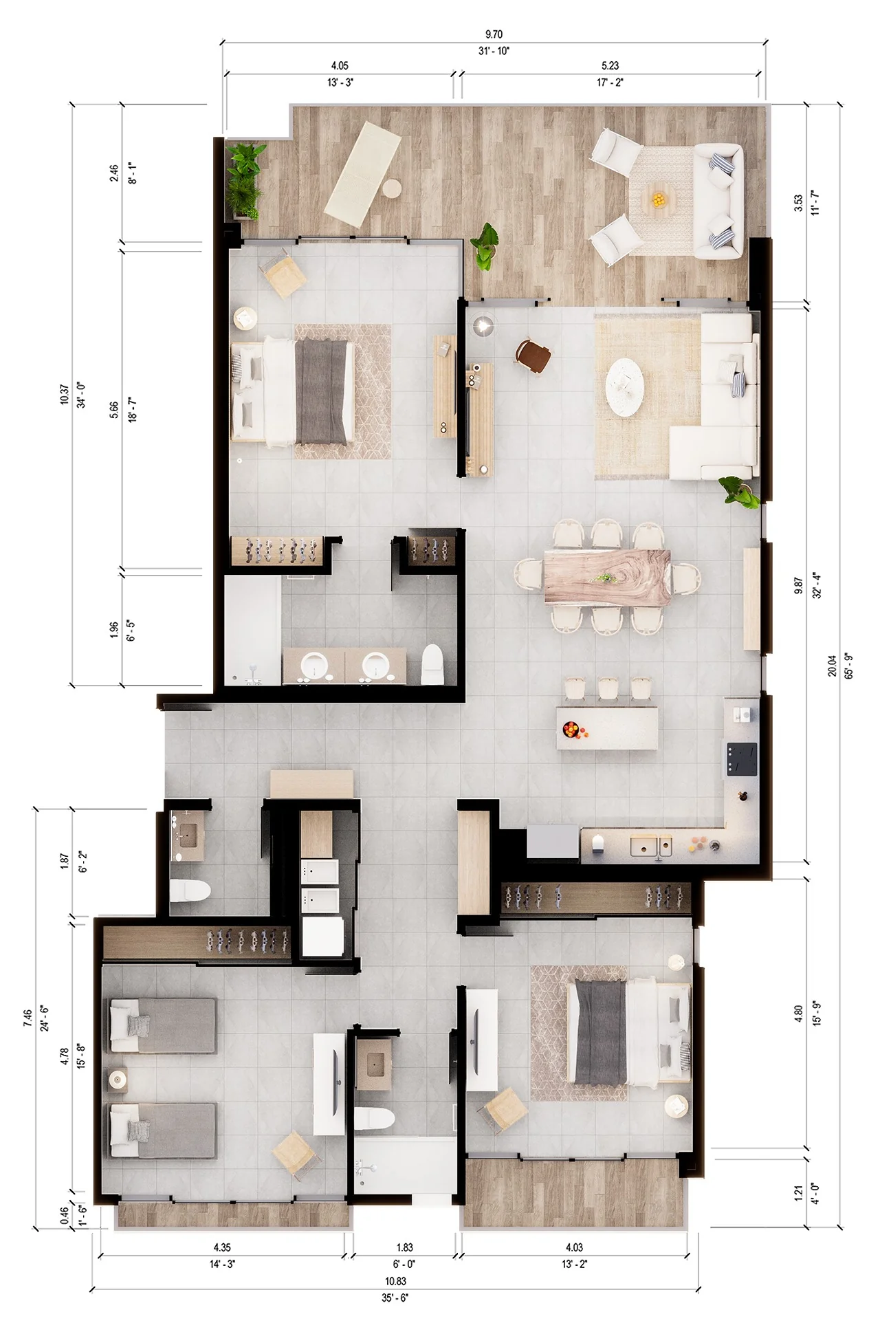 Plano de 3 Habitaciones con medidas
