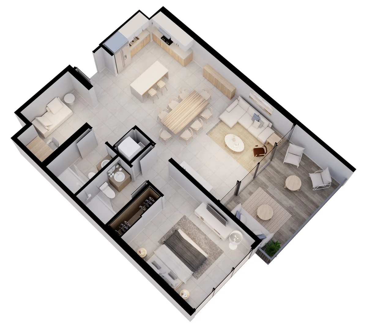 Plano 3D de 1 Habitación en Arcadia Brasilito Beach