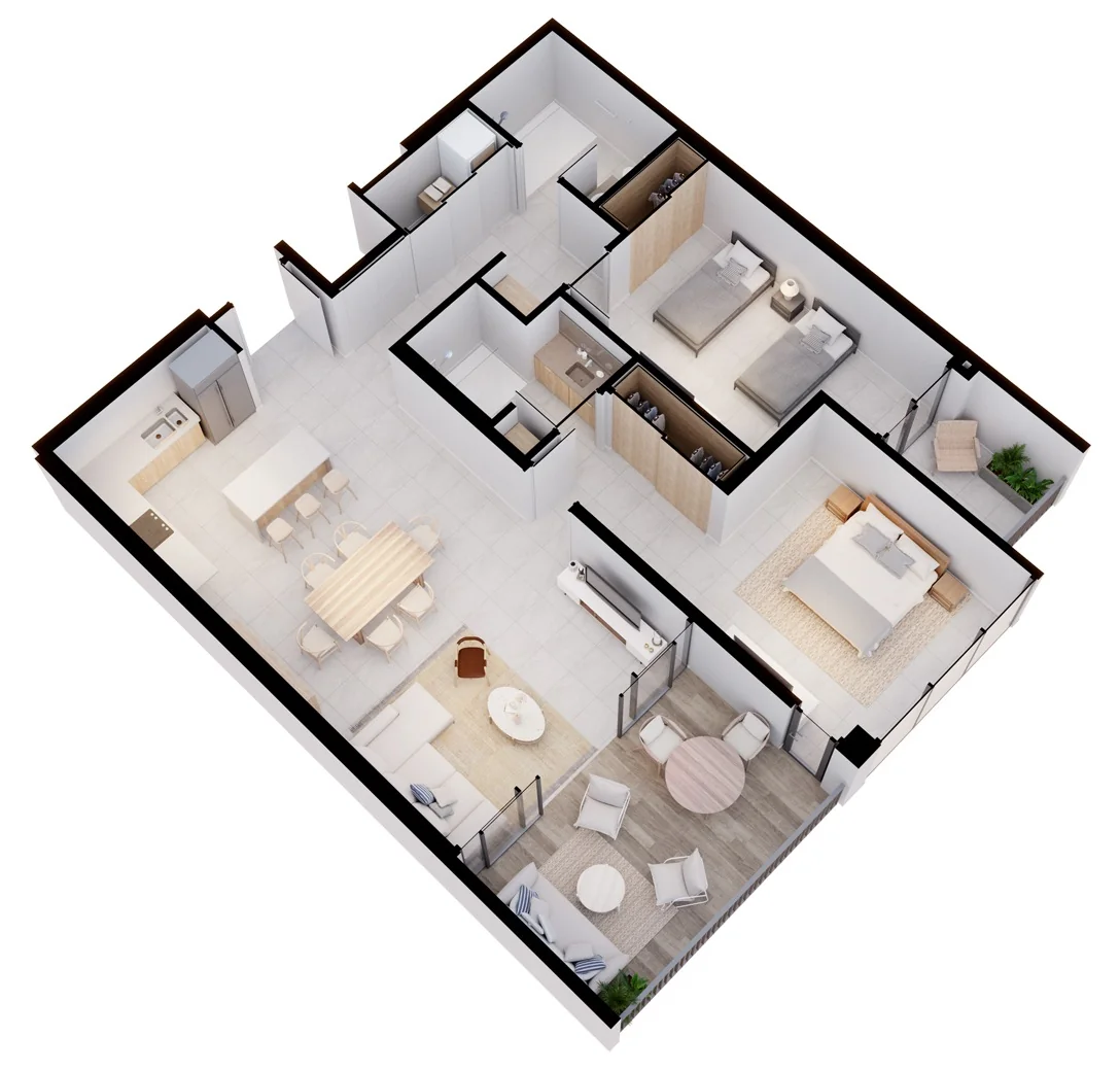 Plano 3D de 2 Habitaciones en Arcadia Brasilito Beach