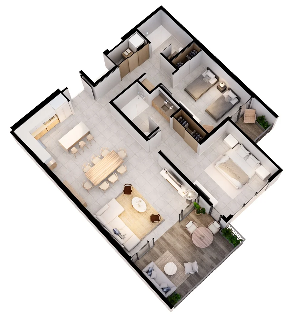 Plano 3D de 2 Habitaciones en Arcadia Brasilito Beach
