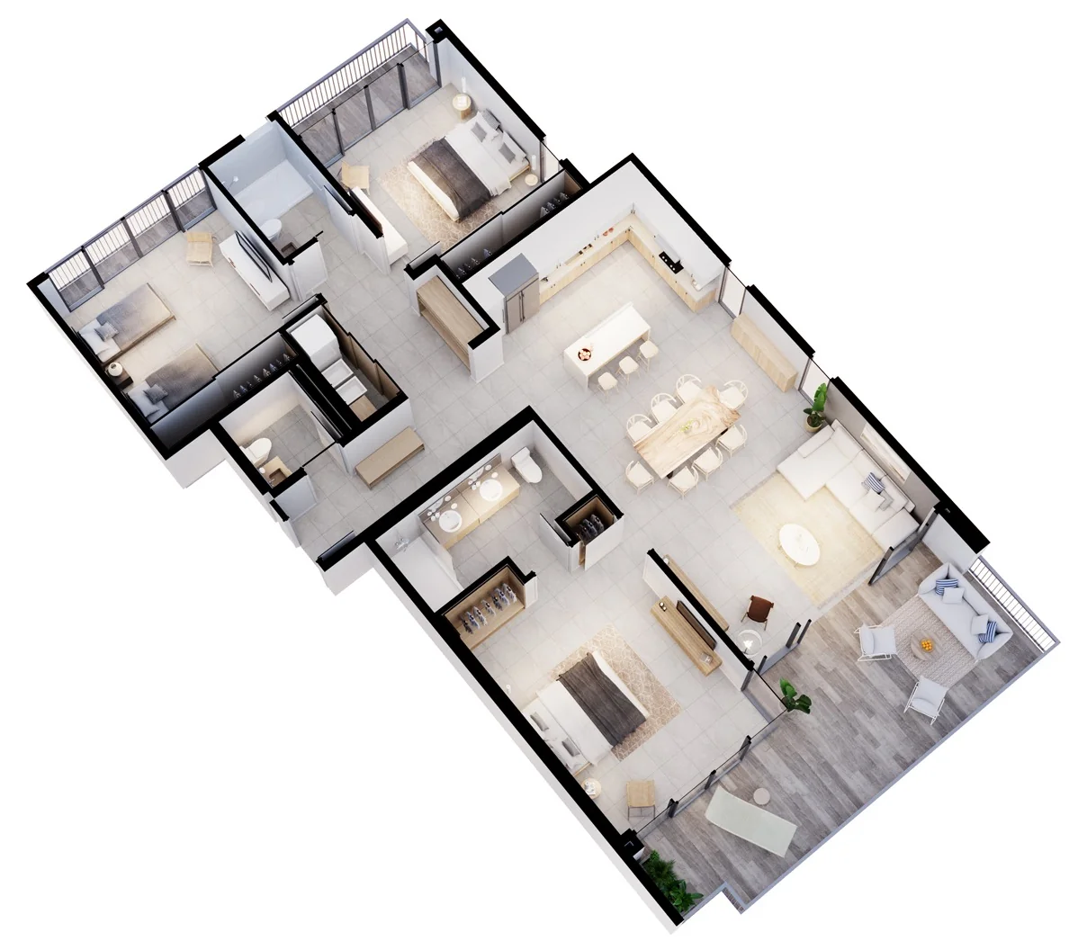 Plano 3D de 3 Habitaciones en Arcadia Brasilito Beach